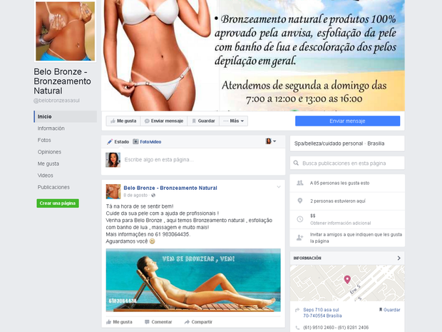 Página da clínica de estética Belo Bronze na internet (Foto: Facebook/Reprodução)