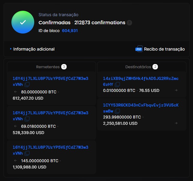 Uma das transações que levaram 336,2 bitcoins de brasileiro que usava a carteira Copay da Bitpay. Fonte: Blockchair.